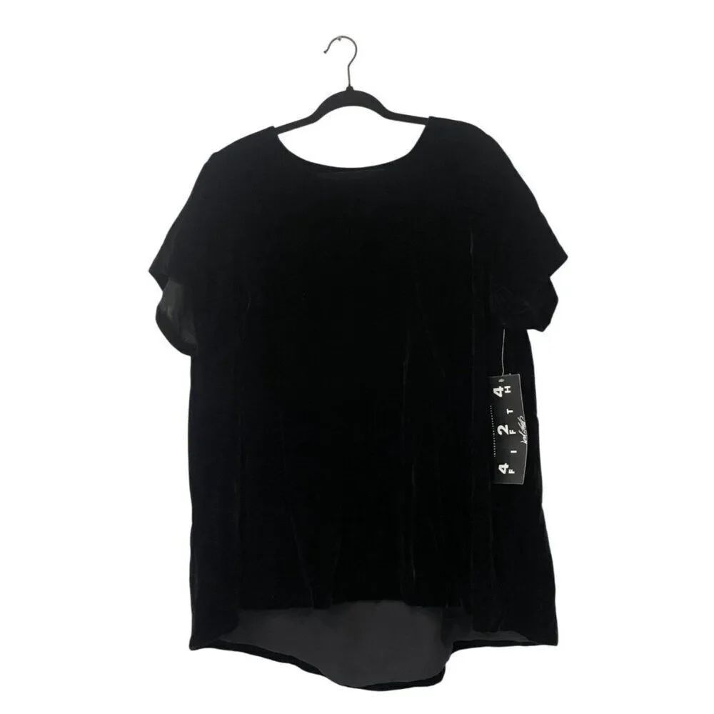 Lord & Taylor Womens Blouse 2X Black Velvet Round Neck Short Sleeve Lined NWT